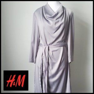 H&M Cowl Neck Silver Cocktail Dress Lightweight Crepe Satin Sash Belt 3/4 Sleeve